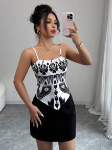 Elenzga Women's Casual Elegant Allover Print Tie Knot Cami Top, Spring & Summer