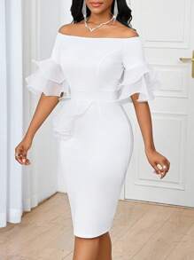 SHEIN Lady Vestido blanco de organza con volantes para primavera y verano, vestido de invitada de boda, vestido elegante para mujer, vestido de Día de San Valentín, vestido blanco elegante para mujer, vestido de cumpleaños para mujer, vestido de fiesta de graduación para mujer - Blanco - Ver 4