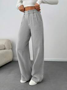 SHEIN Tall 女士纯色高腰阔腿裤 - 灰色 - 查看 4