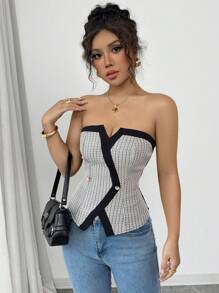 Elenzga Women Elegant Contrast Color Backless Strapless Bustier Crop Top - Black and White - View 6
