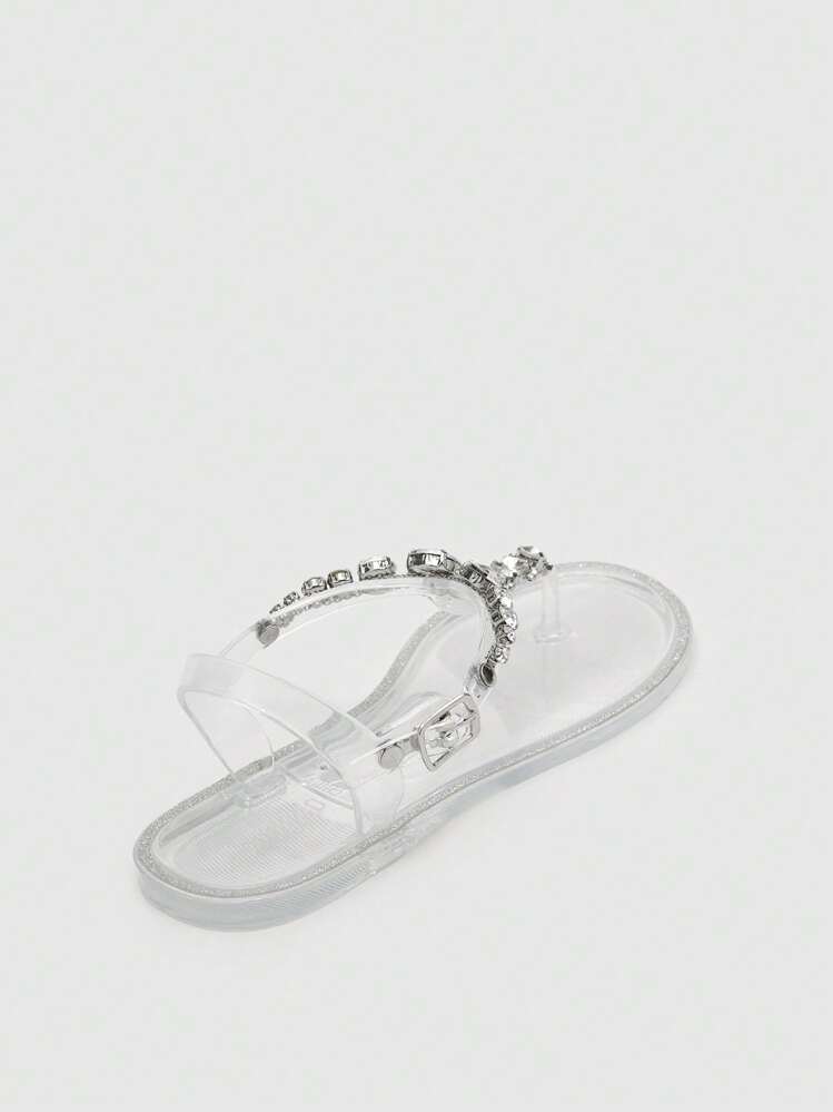 CUCCOO SZL Sandalias planas de verano con correa de tobillo y decoración de rhinestones, elegantes, a la moda y con estilo para vacaciones, fiestas, ocasiones especiales como Navidad, Año Nuevo y San Valentín - transparente - Añade 4