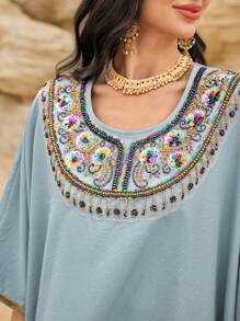 Al Najma 水晶装饰圆领长袖卡夫坦长裙，土耳其和阿拉伯优雅传统风格长裙，端庄 - 霧霾藍 - 查看 4