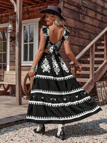 LanaWest 女式波西米亚音乐节黑白撞色印花荷叶边下摆系带腰部休闲连衣裙 - 黑色 - 查看 1