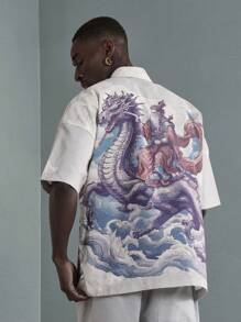 SUMWON Dragon Print Resort Shirt Japanese Art Style Button Down Short Sleeve Casual Summer Beach Shirt Oriental Fantasy Design Streetwear Festival Shirt