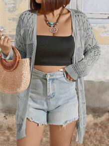 SHEIN Clasi Chaqueta tipo cárdigan casual de media longitud con cuello en V hueco y manga larga, de unicolor y tejido ligero para protección solar, para mujer de talla grande, para primavera/verano - Gris Claro - Ver 5