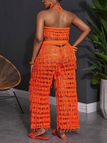 Slaydiva Conjunto de 2 piezas de punto con flecos en talla grande, sexy, para vacaciones de verano