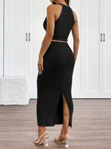 SHEIN 2pcs/Set Maternity Solid Color Round Neck Cropped Camisole Top And Adjustable Waist Midi Skirt Set - Black - View 4