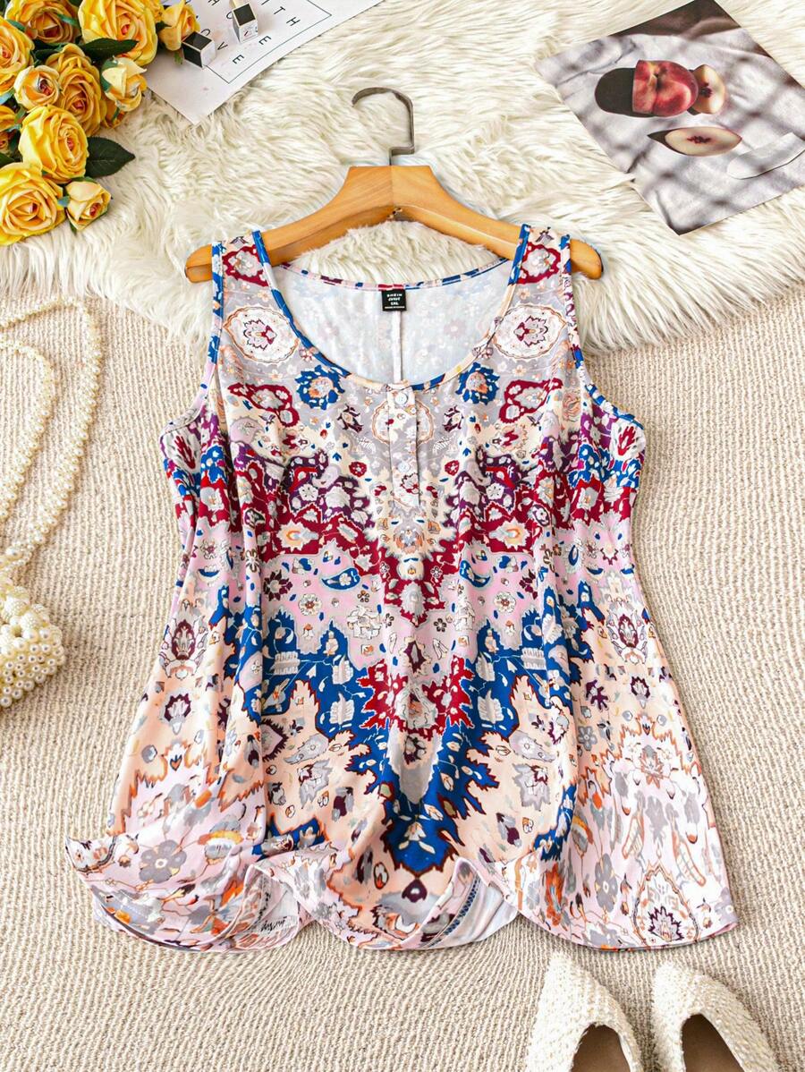 SHEIN LUNE 大码无袖圆领印花背心，适合夏季休闲外出图案 T 恤女式上衣 - 彩色 - 查看 1