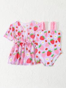 Baby Girl Strawberry Print One Piece Swimsuit With Cover-Up - Multicolor - View 5