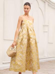 Aveloria Rosie Elegant Vintage Jacquard Jacquard Slip Dress With Oversized A-Line, Patchwork Design For Women, Mid-Length Boho Vacation Fashionable Style All Over Print Floral PRINT For Summer