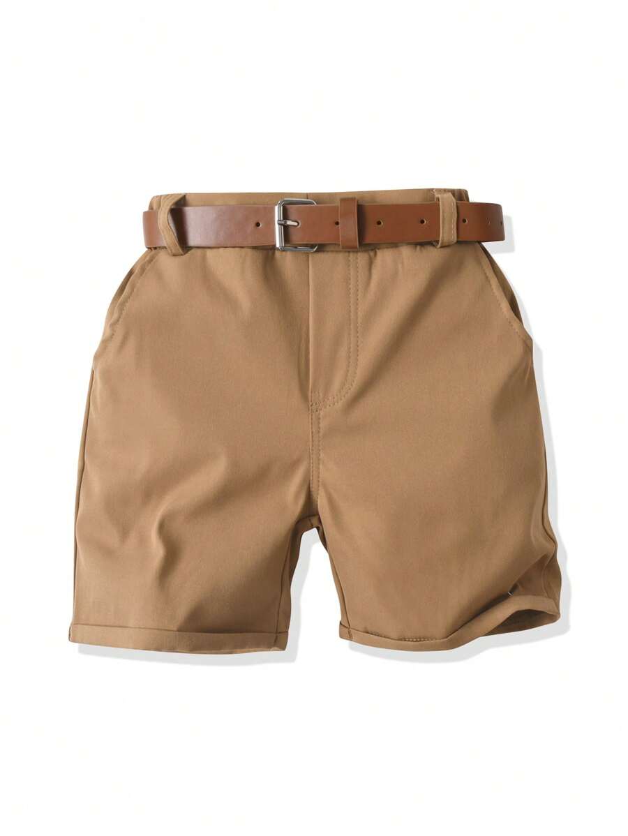 SHEIN Shorts casuales y cómodos de tejido en unicolor con cinturón para niño, versátiles para primavera y verano - Caqui - Ver 1