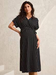 MaterniWear Maternity Polka Dot Print Short Sleeve Casual Shirt Dress Spring Women's Clothing