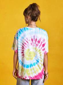 Nick 90s | SHEIN Women's Tie-Dye Cartoon Graphic Short Sleeve Casual T-Shirt, Summer - Multicolor - View 2