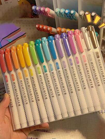 SHEIN 15 piezas Resaltadores de doble punta de 17 * 14 cm, marcador fluorescente de punta dual de color suave para colorear, subrayar y resaltar con punta gruesa y fina, de regreso a la escuela
