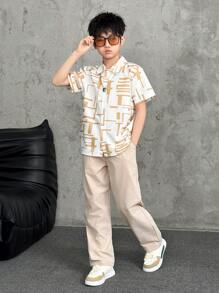 SHEIN 2pcs Set: Boys Casual Geometric Line Print Short Sleeve Shirt And Long Pants, Commuting