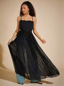 Vixey Sheer Mesh Frill Trim Cami Strap Tunic Cover Up Top, Boho, Hippie, Festival, Summer Beach Vacation Outfits - Black - View 1