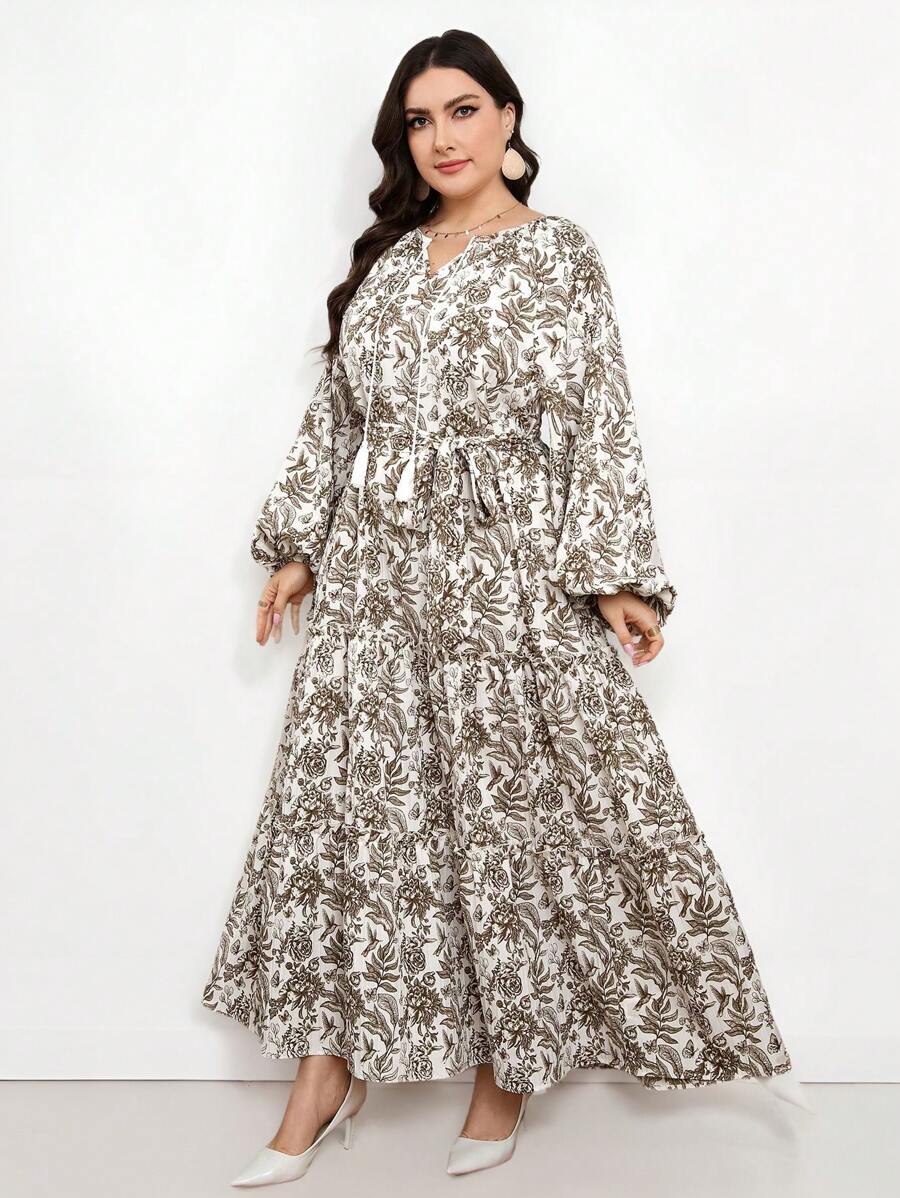 Veilorie Plus Size Women Elegant Allover Print Lantern Sleeve Arabian Dress,Modest - Multicolor - View 1