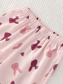 SHEIN Leap Crew 2pcs Young Girls Cute Rabbit Pattern Lapel Button Short Sleeve Top & Wide Leg Pants Pajama Outfit, Sleepwear Set, Easter Holiday - Pink - View 4