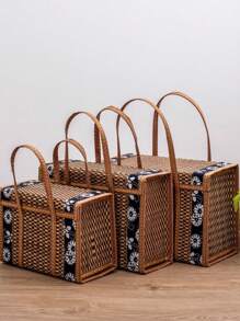 1pc Foldable Camp Storage Basket Woven From Bamboo, Batik Cloth Covered, Picnic Basket, Rural Style