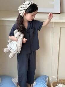 DAZY Young Girl Plaid Short Sleeve Pants Pajamas Set, Spring/Summer - Navy Blue - View 7