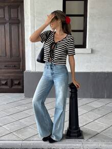 Pariaura French Elegant Chic Black & White Striped V-Neck Ribbon Tie Decor Regular Women Summer T-Shirt - Black and White - View 6