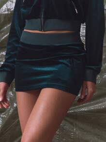 Musera Sport Low Rise Drawstring Waist Velour Mini Tennis Skirt Bottom Only Sport Active Workout Summer - Green - View 5