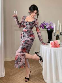 DAZY Vestido de manga larga con estampado floral elegante de tela batik ajustada de cuello cuadrado y longitud media para mujer, vestido de otoño y Pascua - Rojo - Ver 9