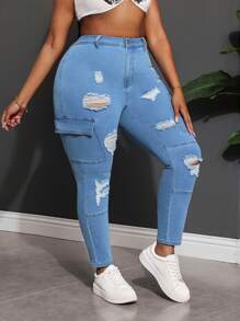 Slaydiva Plus Size Sexy Skinny Stretch Ripped Long Jeans, Blue Concert Women Jeans