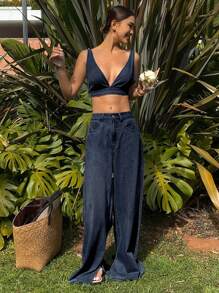 Livesso Distressed Washed Short Camisole Top And Wide Leg Jeans Set, Casual Resort Wear For Women, Spring And Summer,Fall Clothes