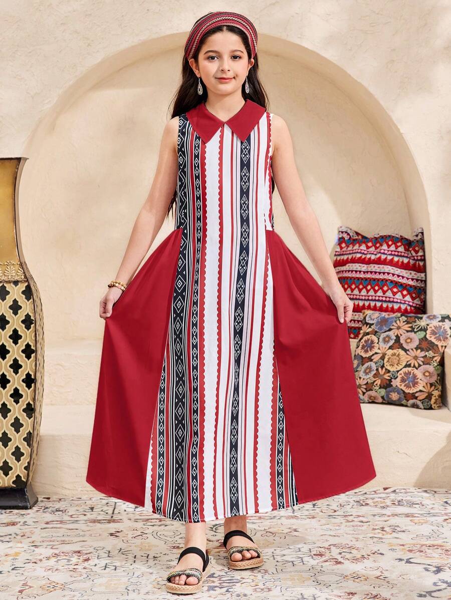 SHEIN 少女宽松休闲奢华领口纯色拼接图案无袖连衣裙 - 黑與白 - 查看 1