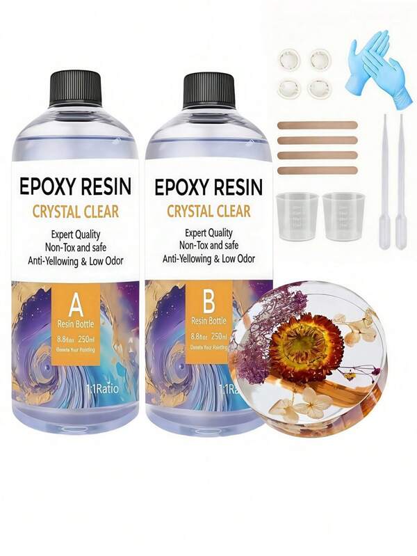 Kit de resina epoxi cristal de 500 ml - Kit de resina epoxi para encimeras - Resina epoxi para moldes de resina, encimeras, arte de resina, artesanía, fundición de joyas, bricolaje, tazas y decoración de artesanía de madera, mezcla simple en relación 1:1