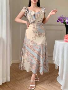 DAZY Abito estivo in chiffon da donna con scollo quadrato, vita, stampa retrò e maniche corte, con volant e decorazione floreale