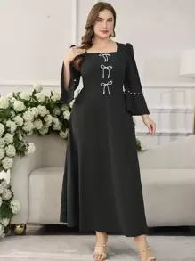 Modelyn Plus Size Long Sleeve Solid Color Bow Pearl Decor Arabian Dress - Black - View 3