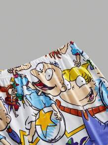 Nick 90s X SHEIN Plus Size Casual Cartoon Graphic Short Sleeve Top And Pants Pajama Set, Summer