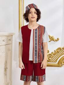 2pcs/Set Tween Boys Traditional Geometric Patchwork T-Shirt + Shorts + Hat - Multicolor - View 3