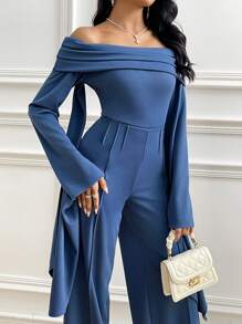 Modelyn Conjunto de 2 piezas con top plisado de hombros descubiertos y pantalones de pierna ancha de unicolor elegante para mujer - Azul - Ver 3