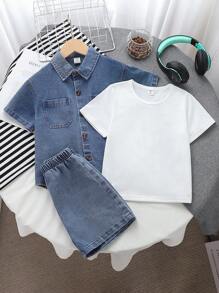 SHEIN Genkimix Kids 3 件套年轻男孩复古美式夏季服装：宽松设计牛仔衬衫 + 白色 T 恤 + 休闲牛仔短裤 - 藍色 - 查看 3