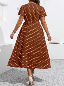 SHEIN Clasi Plus Size Polka Dot Print Tie Waist Wrap Dress For Vacation & Leisure Maxi Women Outfit