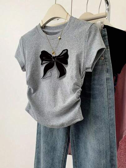 SHEIN Women's Bow Print Ruched Short Sleeve T-Shirt