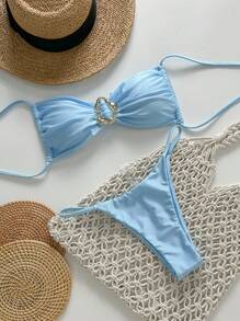 Swim Mod Set de costume de baie pentru bikini, decor metalic, albastru, fără bretele, haine de plajă - Albastru - Vizualizare 3