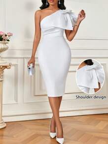 SHEIN Lady Spring And Summer Elegant White Color Dresses For Women Valentine's Day Party Prom Dress Wedding Guest Dress Women New Years Dress Birthday Outfits For Women Women Large Bow Design Oblique Shoulder Slim-Fit Short Casual Dress - White - View 1