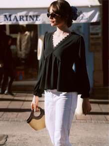 Serisse 花边蕾丝花边荷叶边袖荷叶边衬衫，长袖上衣 - 黑色 - 查看 3