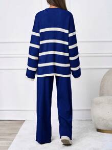 SHEIN Tall Set de două piese pulover în dungi pentru damă - Albastru marin - Vizualizare 2