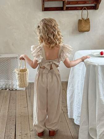 SHEIN LMoss Kids Jumpsuit für Kleine Mädchen aus Webstoff in Unifarbe mit Rüschensaum