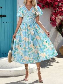 Robe de vacances mi-longue à imprimé floral romantique et décontracté pour femme