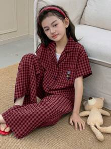 DAZY Conjunto de ropa de casa para niña preadolescente con pantalón largo y manga corta con patrón a cuadros y bordado, para primavera/verano