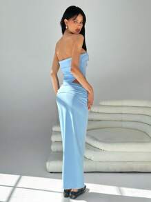 SHEIN EZwear Women's Summer Clothing Vacation Casual Beach Waist-Baring Gathered 2 In 1 Blue Slim-Fitting Sexy Dress With Side Cutouts And Ruching - Blue - View 2