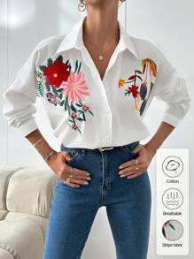 EURMUSE Übergroße Asymmetrische Langarmhemd Mit Stickerei Und Blumendruck Für Damen