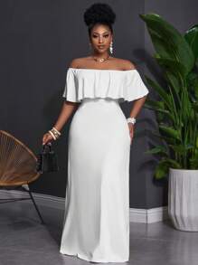 Slaydiva 2025 New Plus Size Women Versatile Casual Minimalist Design Backless Ruffle Trim Fitted Dress - White - View 6