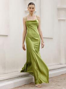Aveloria Rosie Sexy Elegant Resort Satin Draped Neck High Slit Solid Color Dress For Women   Old Money Style For Summer